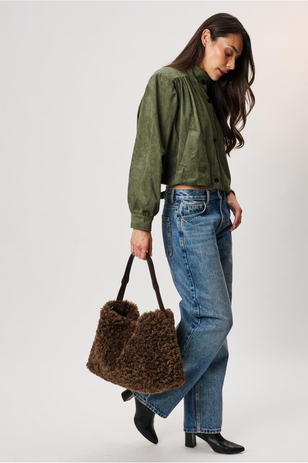 Moda Luxe 64578ML Brown bag styled on model, view 4