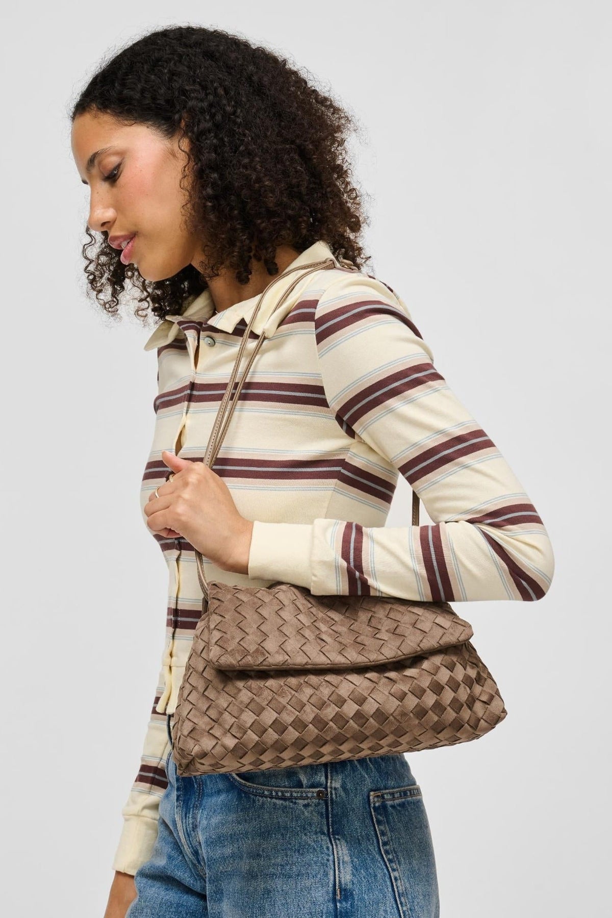 64617 Taupe bag styled on model, view 1