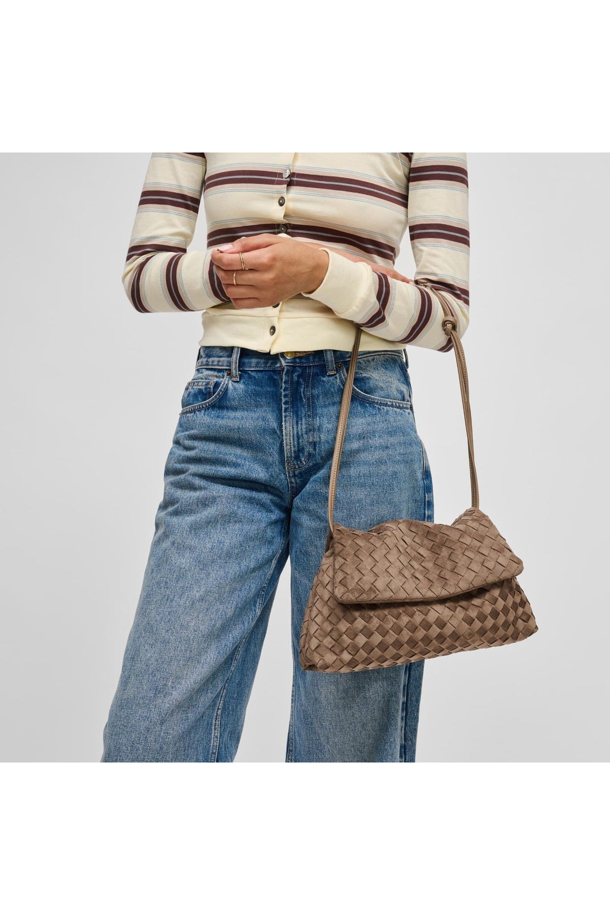 64617 Taupe bag styled on model, view 3