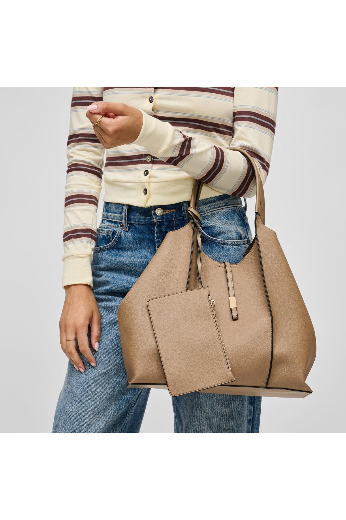 64707 Taupe bag styled on model, view 1