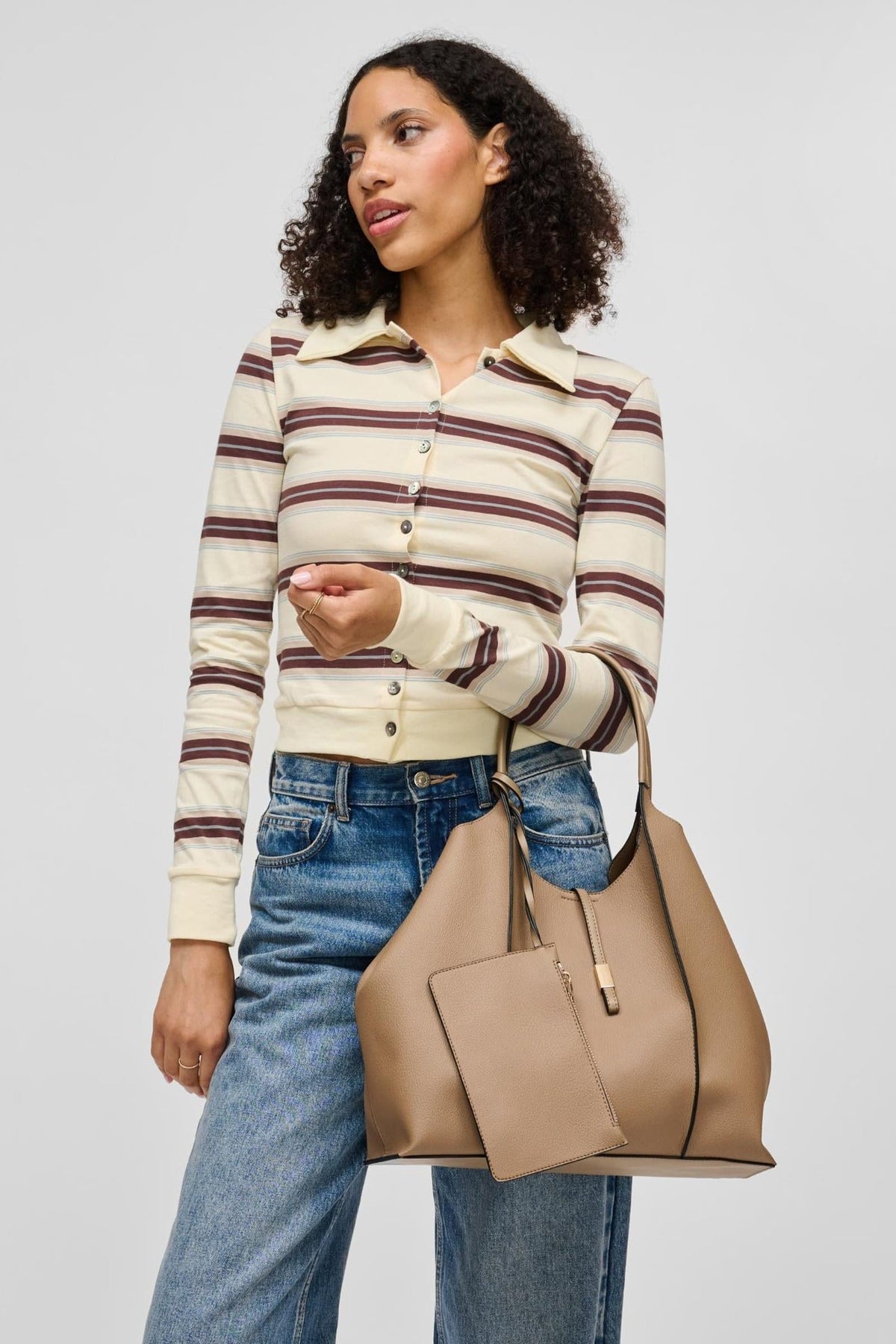64707 Taupe bag styled on model, view 2