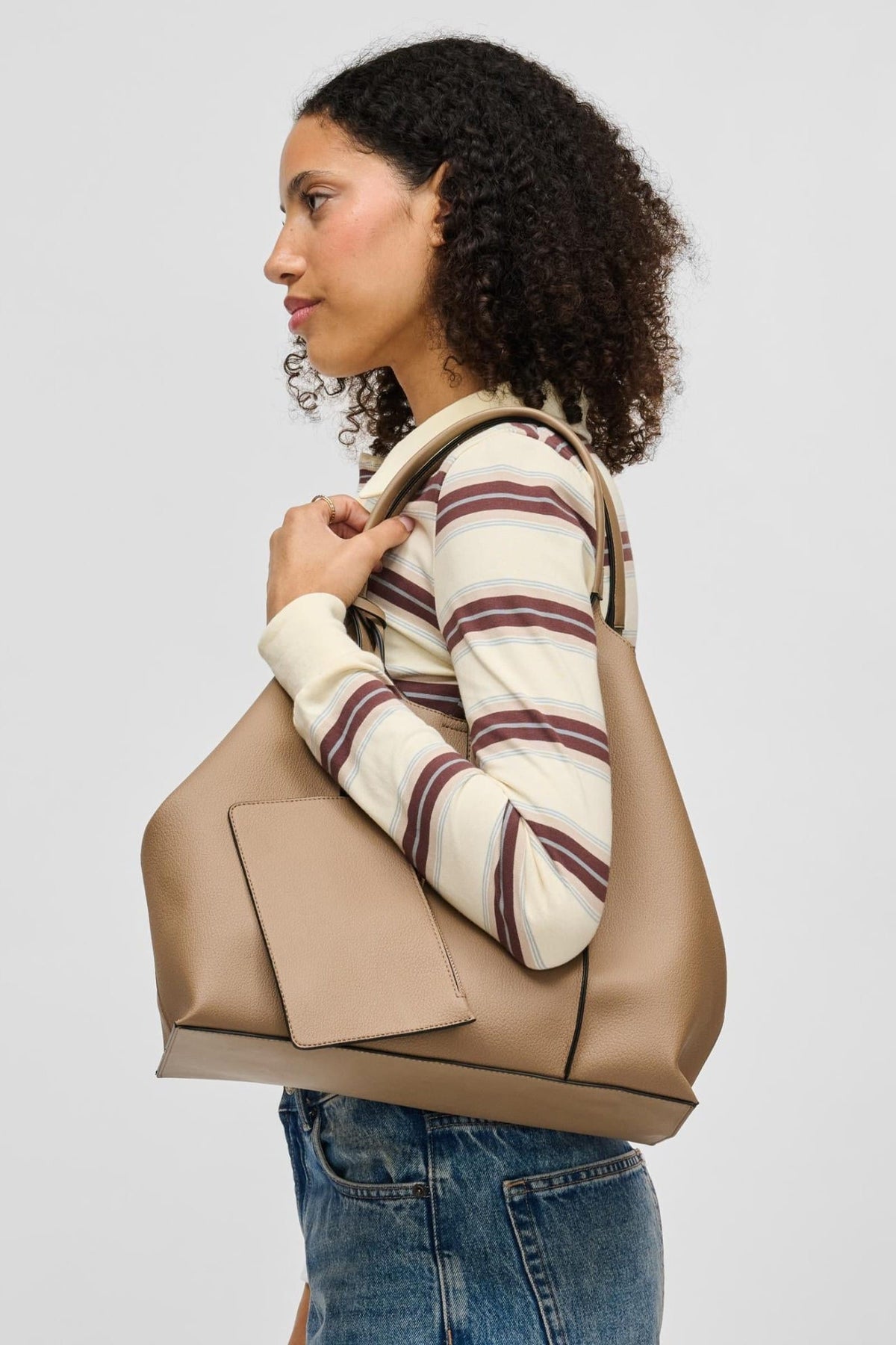 64707 Taupe bag styled on model, view 3