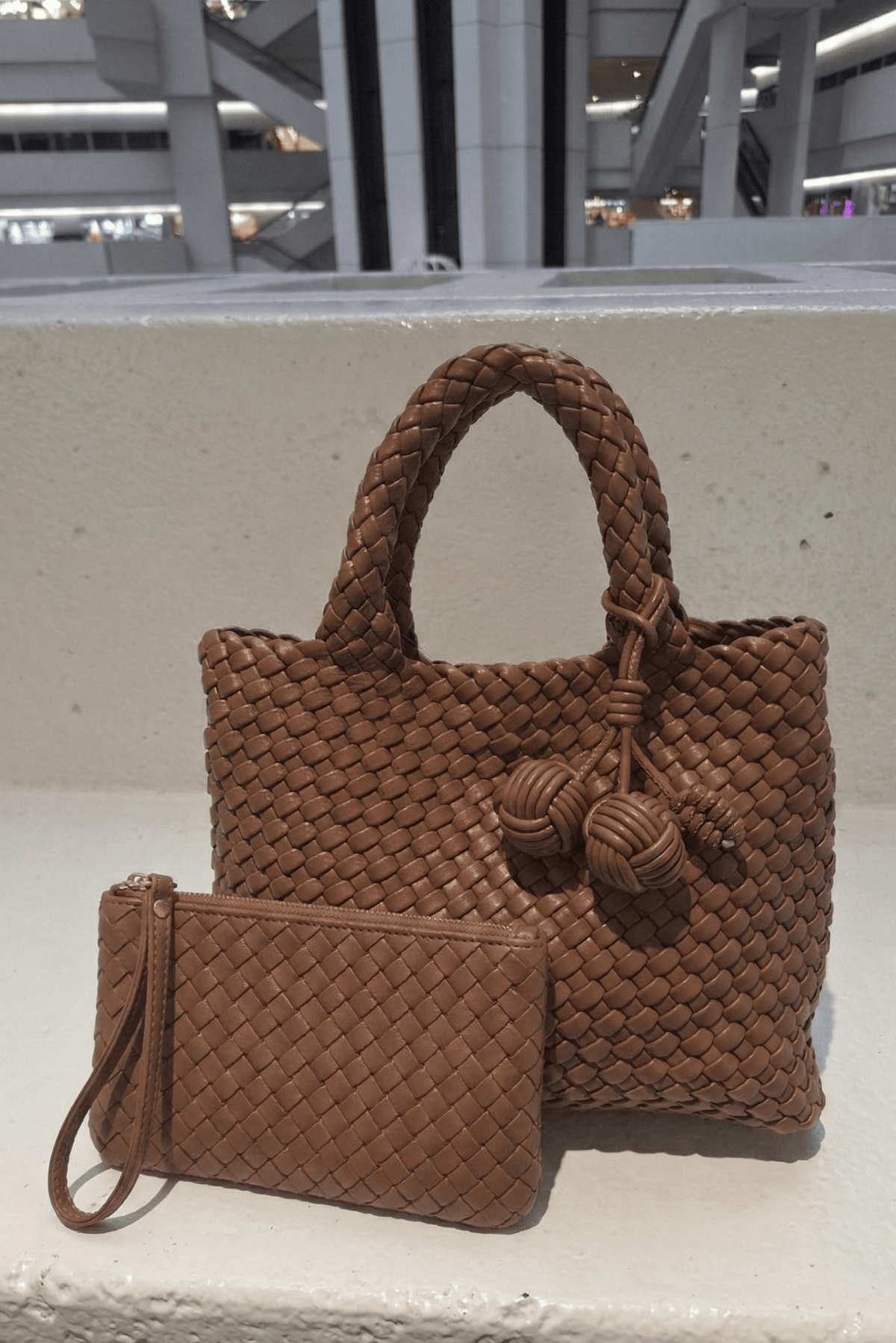 9045 Daya Mini Woven Tote Bag w/ Monkey Fist Bag Charm - MiMi Wholesale