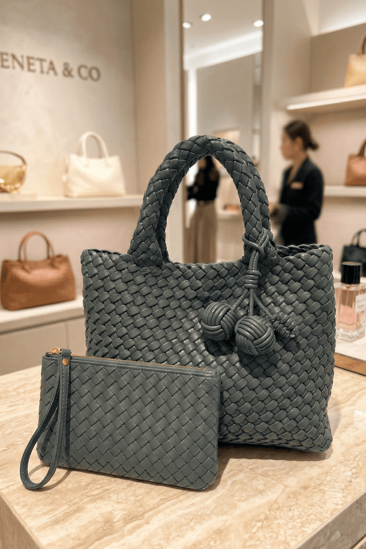 9045 Daya Mini Woven Tote Bag w/ Monkey Fist Bag Charm - MiMi Wholesale