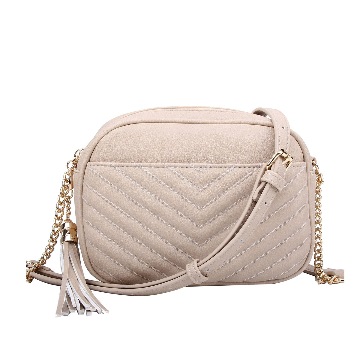 WU121 Veronica Double Zipper V Pattern Stitch Tassel Crossbody Bag