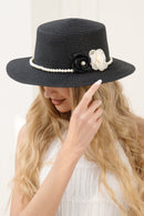H3522 Straw Panama Hat With Pearl Flower Band