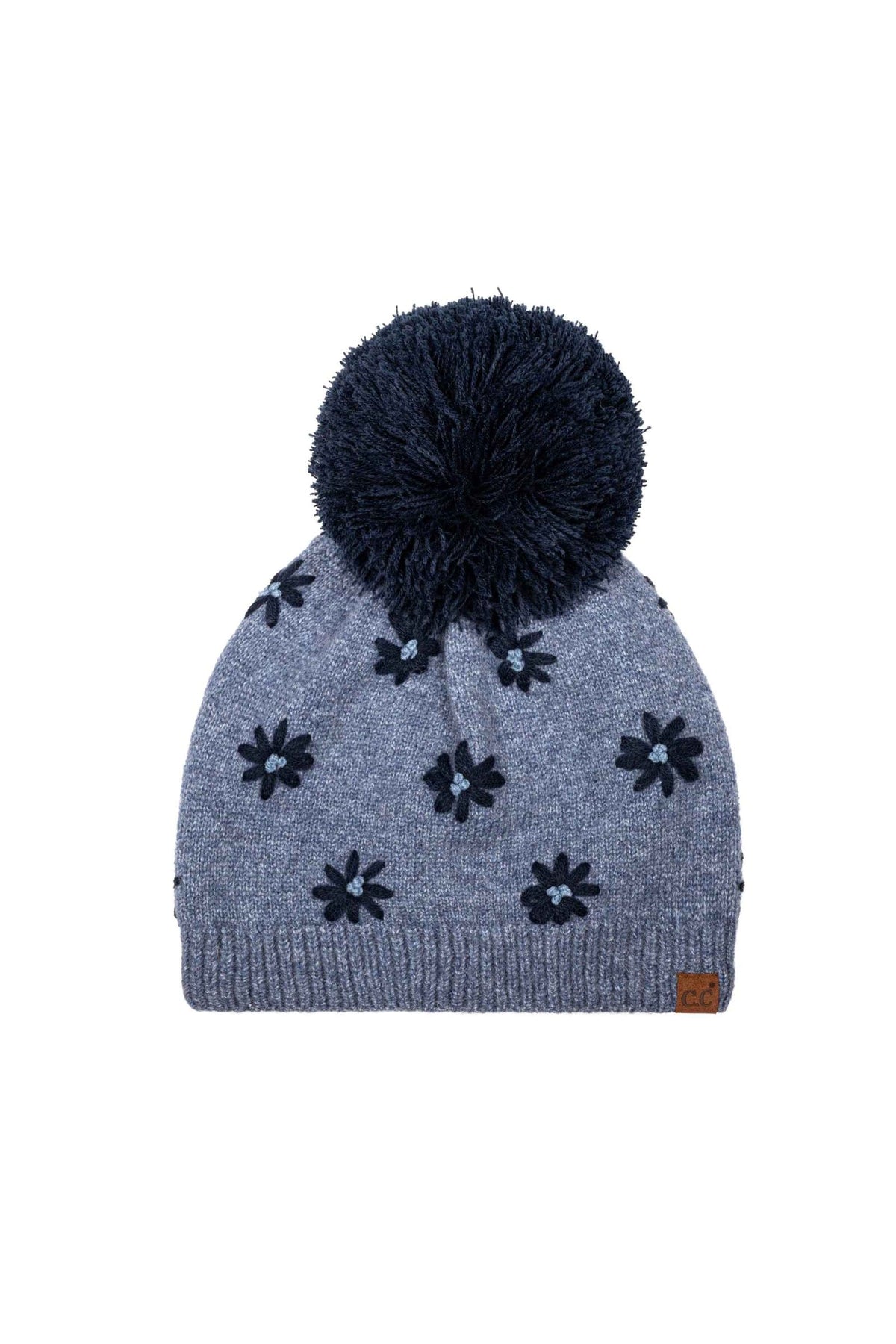HTE0192 Daisy Embroidered Pom Beanie