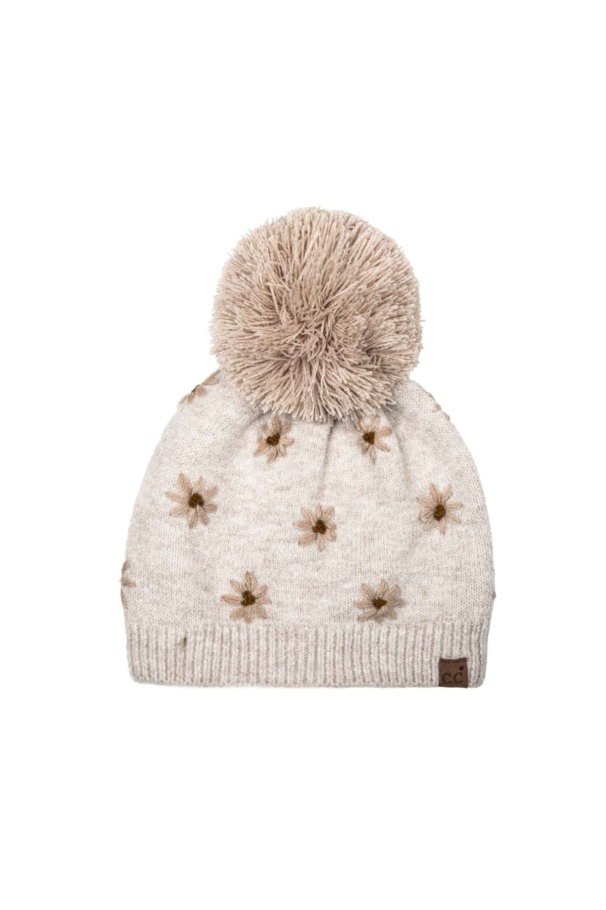 HTE0192 Daisy Embroidered Pom Beanie
