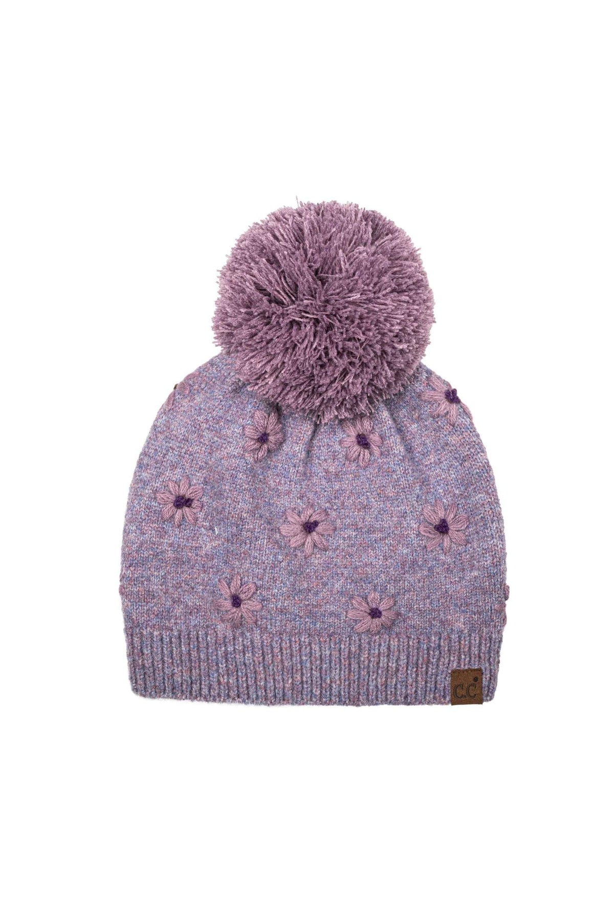 HTE0192 Daisy Embroidered Pom Beanie
