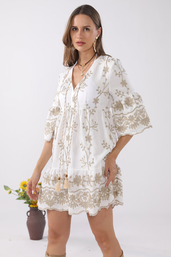 JP6001 Miley Floral Embroidered Dress/Cover Up With Tassel Ties