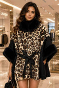 P6227 Naomi Leopard Faux Fur Trim Poncho - BLACK