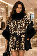 P6227 Naomi Leopard Faux Fur Trim Poncho - BLACK