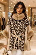 P6227 Naomi Leopard Faux Fur Trim Poncho - KHAKI