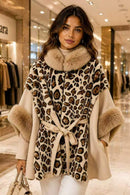 P6227 Naomi Leopard Faux Fur Trim Poncho - KHAKI