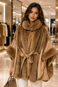 P6228 Stacy Faux Mink Fur Accent Poncho - Beige