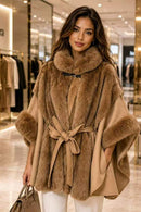 P6228 Stacy Faux Mink Fur Accent Poncho - Beige