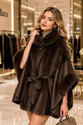 P6228 Stacy Faux Mink Fur Accent Poncho - GREEN