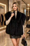 P6229 Isabella Shaggy Faux Fur Cap Sleeve Vest - BLACK