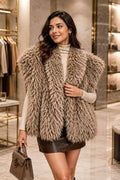 P6229 Isabella Shaggy Faux Fur Cap Sleeve Vest - KHAKI