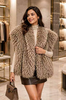 P6229 Isabella Shaggy Faux Fur Cap Sleeve Vest - KHAKI