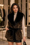 P6231 Sophia Leopard Belted Faux Fur Vest - BLACK