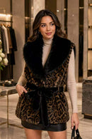 P6231 Sophia Leopard Belted Faux Fur Vest - BLACK
