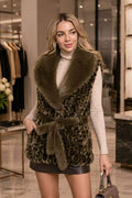 P6231 Sophia Leopard Belted Faux Fur Vest - KHAKI