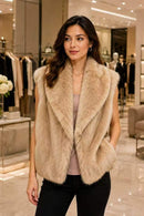 P6232 Chloe Shawl Collar Faux Fur Vest - BEIGE