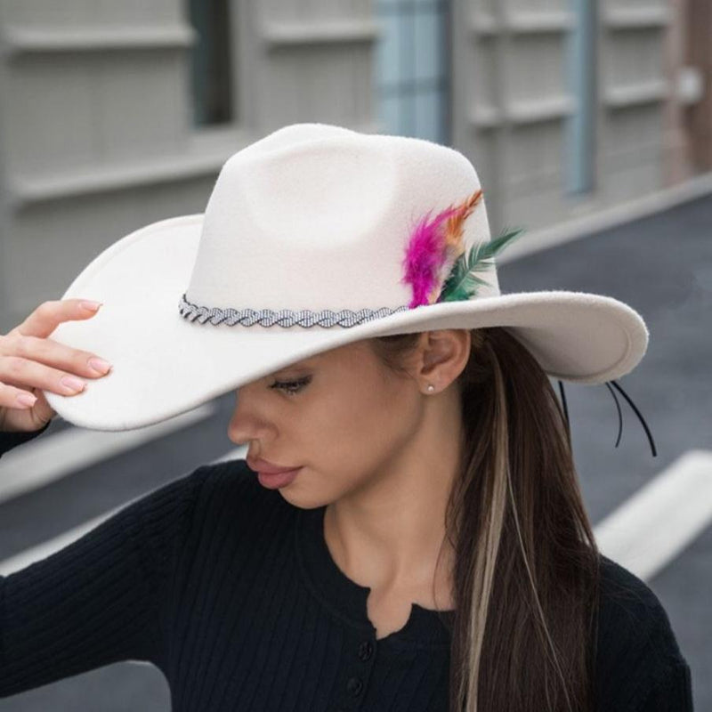 H3446 Felt Cowboy Hat With Rhinestone Brim and Feathers