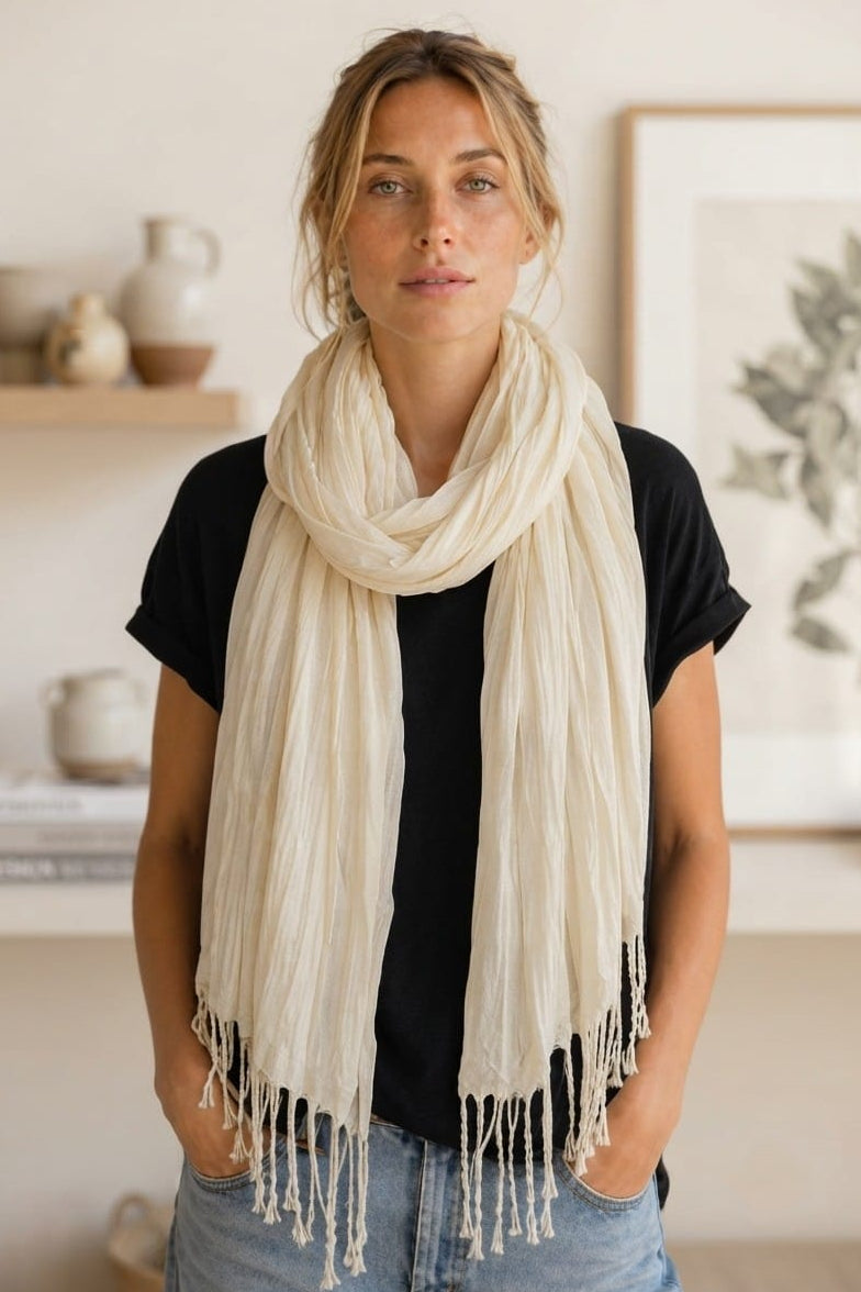 A27 Solid Crinkle Fringe Scarf - MiMi Wholesale