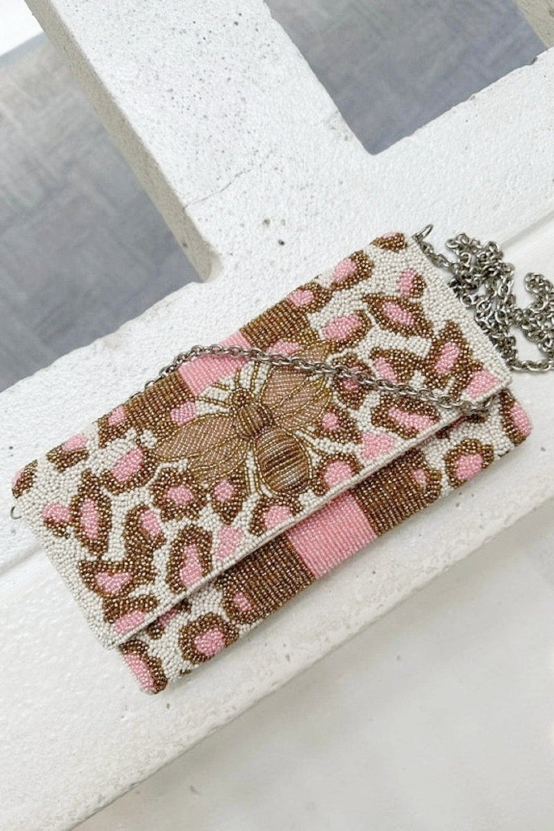 AB21420 Nyla Pink Bee and Leopard Beaded Clutch - MiMi Wholesale