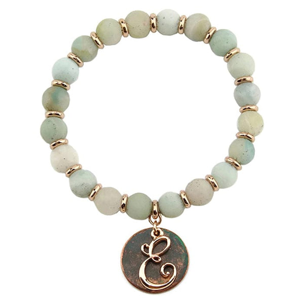 AB8654 - EAMT2 27" Rose Gold Tone & Patina 'E' Semi Precious Bead Stretch Bracelet - MiMi Wholesale