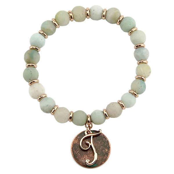 AB8654 - TAMT2 27" Rose Gold Tone & Patina 'T' Semi Precious Bead Stretch Bracelet - MiMi Wholesale