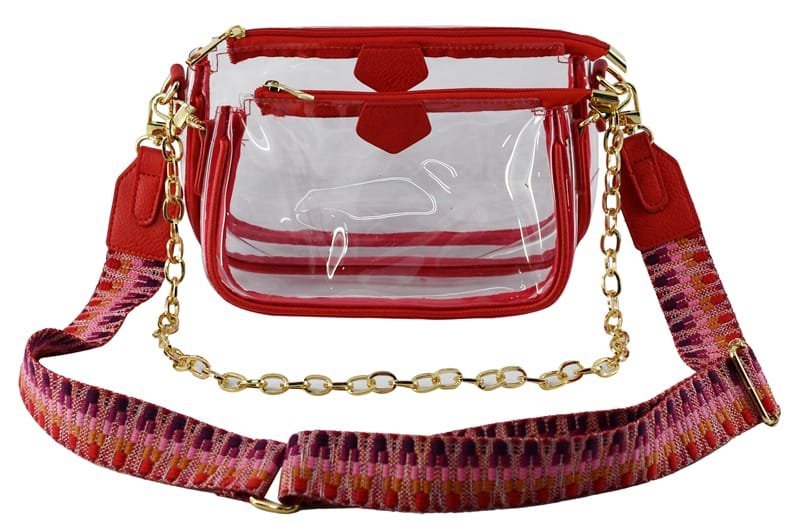 AD748T Clear Double Zip Crossbody Bag With Guitar/Chain Strap - MiMi Wholesale