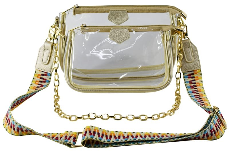AD748T Clear Double Zip Crossbody Bag With Guitar/Chain Strap - MiMi Wholesale