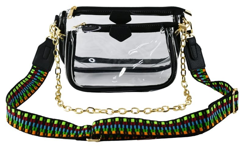AD748T Clear Double Zip Crossbody Bag With Guitar/Chain Strap - MiMi Wholesale