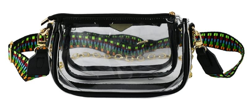 AD748T Clear Double Zip Crossbody Bag With Guitar/Chain Strap - MiMi Wholesale