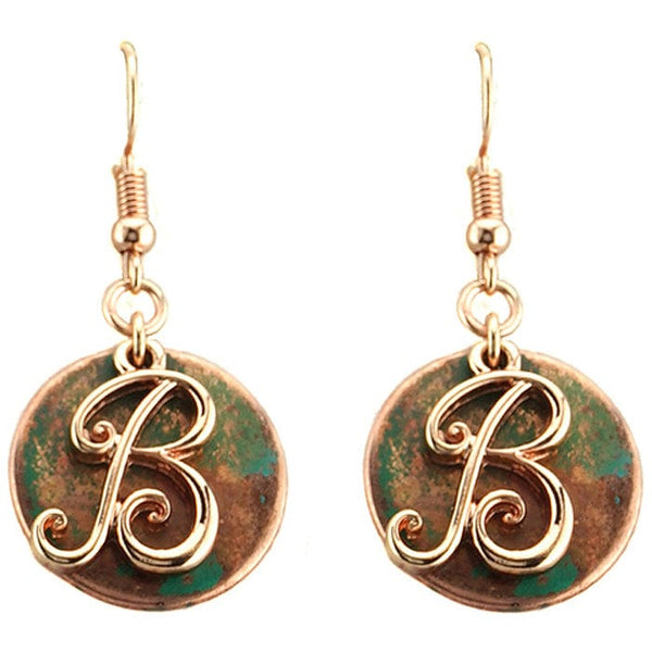 AE1759 - BTT2 Rose Gold Tone & Patina 'B' Monogram Initial Disk Earrings - MiMi Wholesale