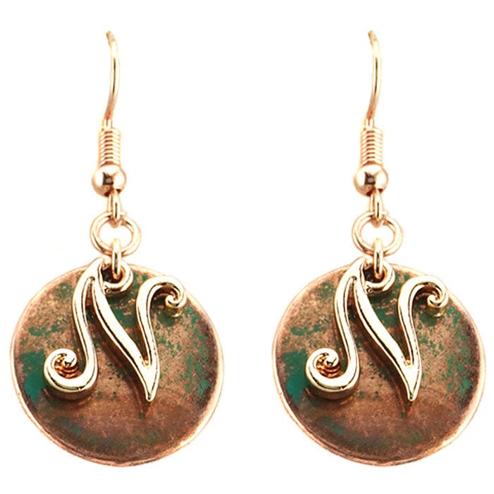 AE1759 - NTT2 Rose Gold Tone & Patina 'N' Monogram Initial Disk Earrings - MiMi Wholesale