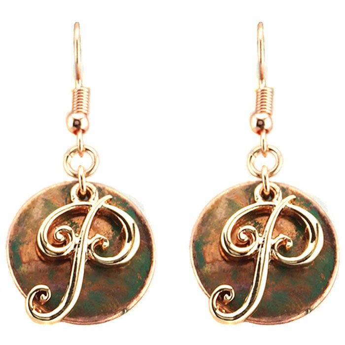 AE1759 - PTT2 Rose Gold Tone & Patina 'P' Monogram Initial Disk Earrings - MiMi Wholesale