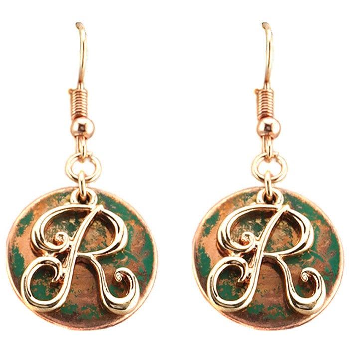 AE1759 - RTT2 Rose Gold Tone & Patina 'R' Monogram Initial Disk Earrings - MiMi Wholesale