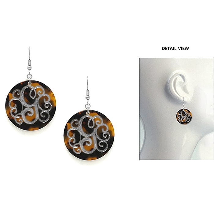 AE2543 - GWS Initial "G" Tortoise Shell Disk Earrings - MiMi Wholesale