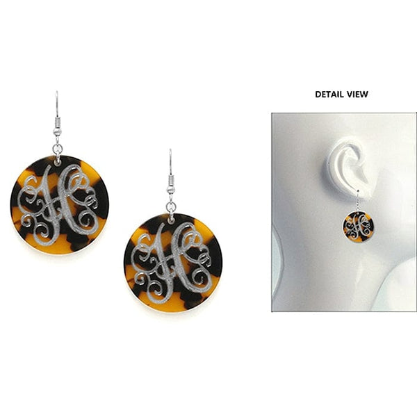 AE2543 - HWS Initial "H" Tortoise Shell Disk Earrings - MiMi Wholesale