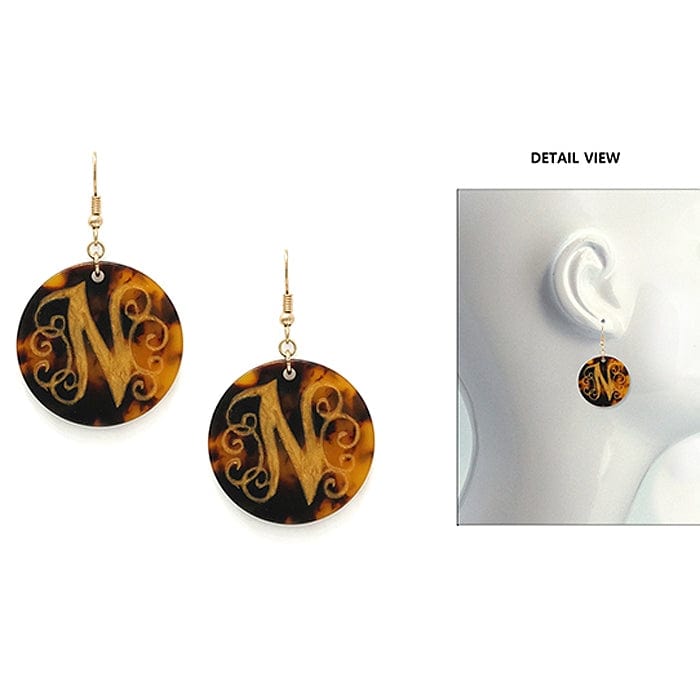 AE2543 - NWG Initial "N" Tortoise Shell Disk Earrings - MiMi Wholesale