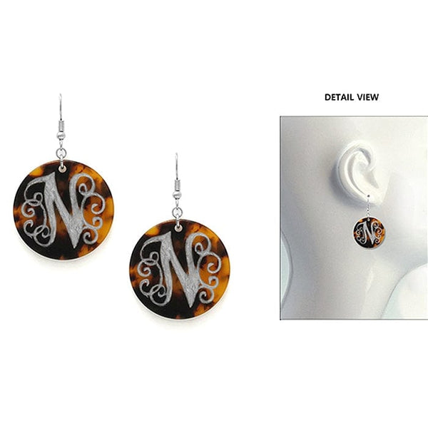 AE2543 - NWS Initial "N" Tortoise Shell Disk Earrings - MiMi Wholesale