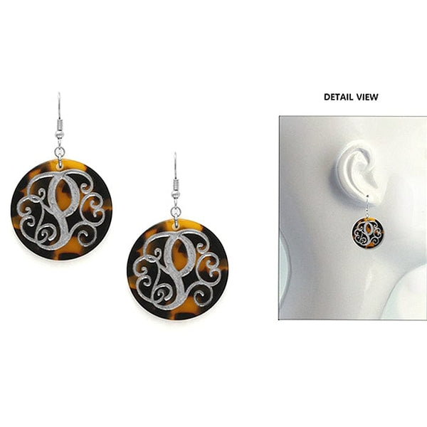 AE2543 - PWS Initial "P" Tortoise Shell Disk Earrings - MiMi Wholesale