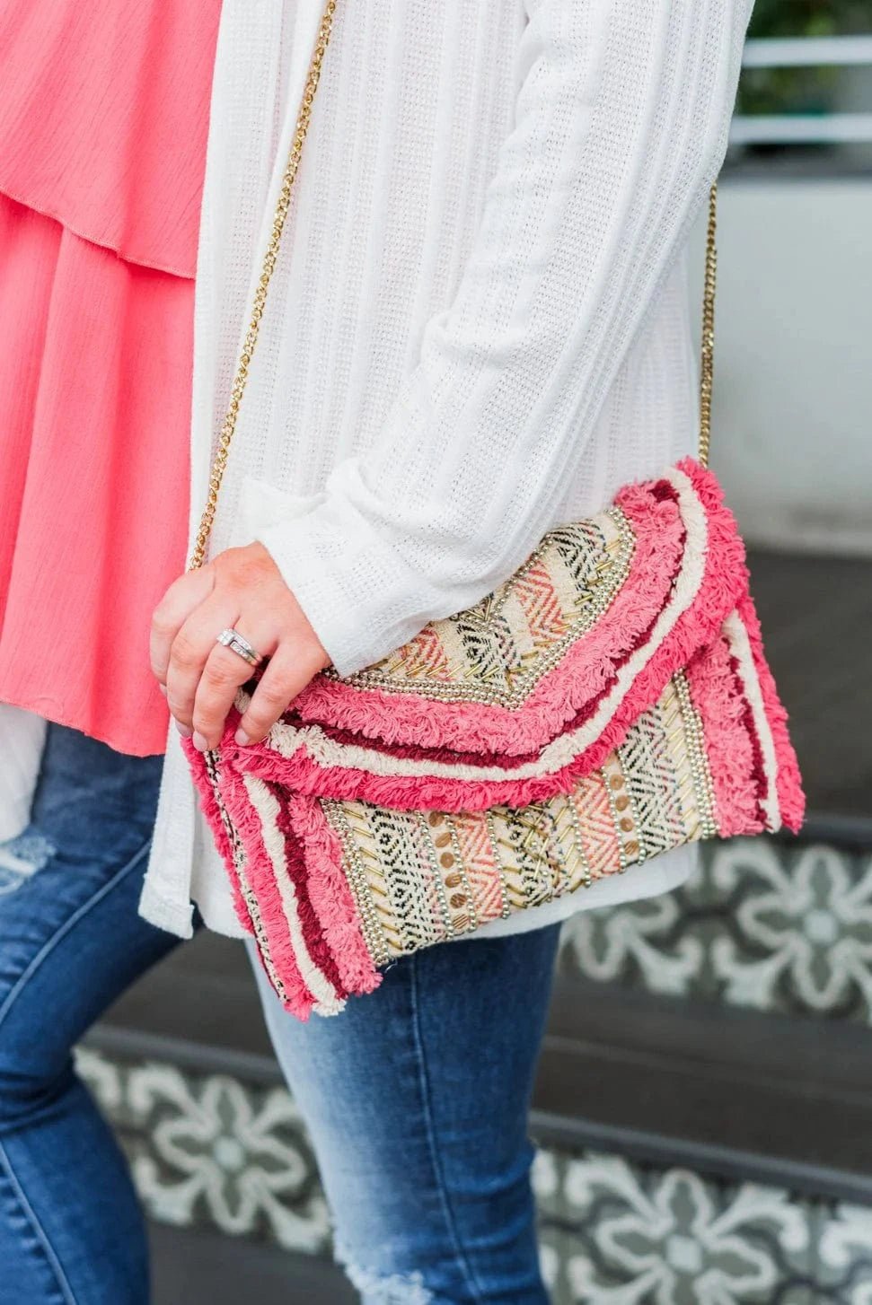 AIN15 Summer Sherbert Beaded Clutch With Chain Strap - MiMi Wholesale