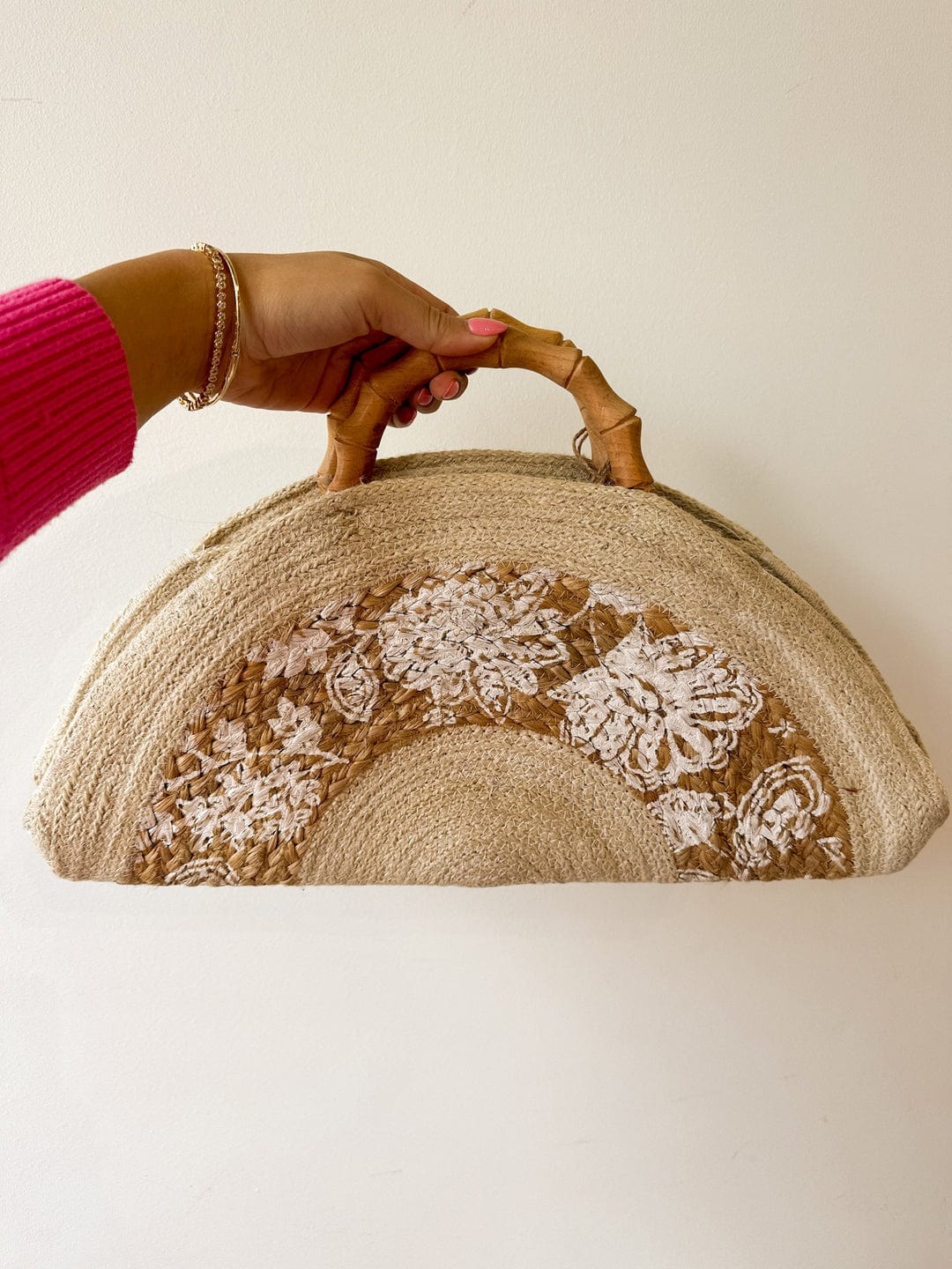 AIN232 Half Moon Straw Clutch With Wood Handles - MiMi Wholesale