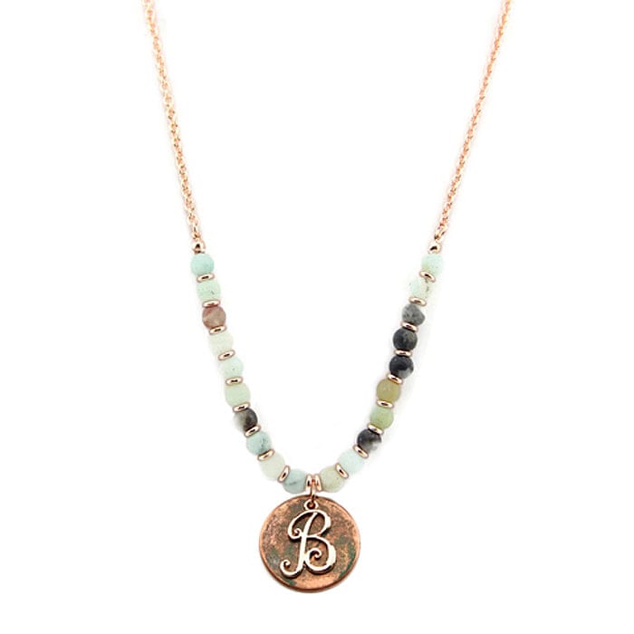 AN1318 - BAMT2 27" Rose Gold Tone & Patina 'B' Semi Precious Bead Necklace - MiMi Wholesale