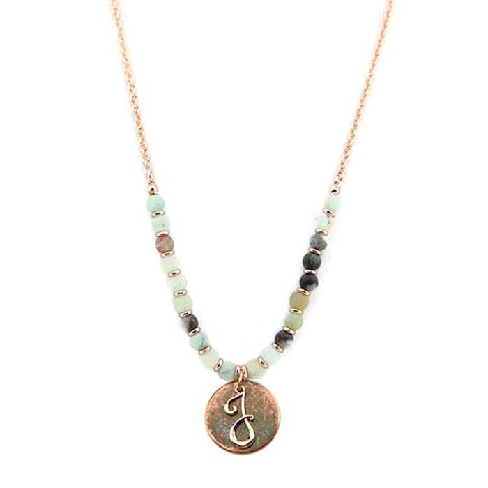 AN1318 - JAMT2 27" Rose Gold Tone & Patina 'J' Semi Precious Bead Necklace - MiMi Wholesale